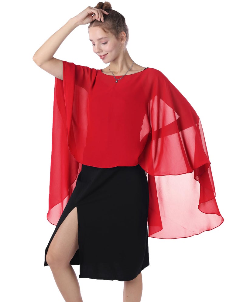 Baoqiya Chiffon Capes Sheer Capelets Bridal Shawls And Wraps Cape Long Plus Size Poncho Cape For Women (Red) - Image 4